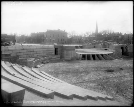 View of an early phase of construction of the Greek Theater and Colonnade of Civic Benefactors in Civic Center, Denver, Colorado. (12-22-1917)