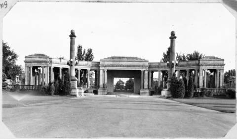 Shows a view of the Greek Theater and Colonnade of Civic Benefactors in Civic Center Park in Denver, Colorado. (circa 1930-1940)