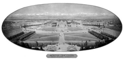 Reproduction of a drawing depicting aerial view west towards proposed Civic Center Park, Denver, Colorado; proposed drawing by architects Maurice B. Biscoe & Henry H. Hewitt, business located at 25 18th Avenue. (1909-1913)