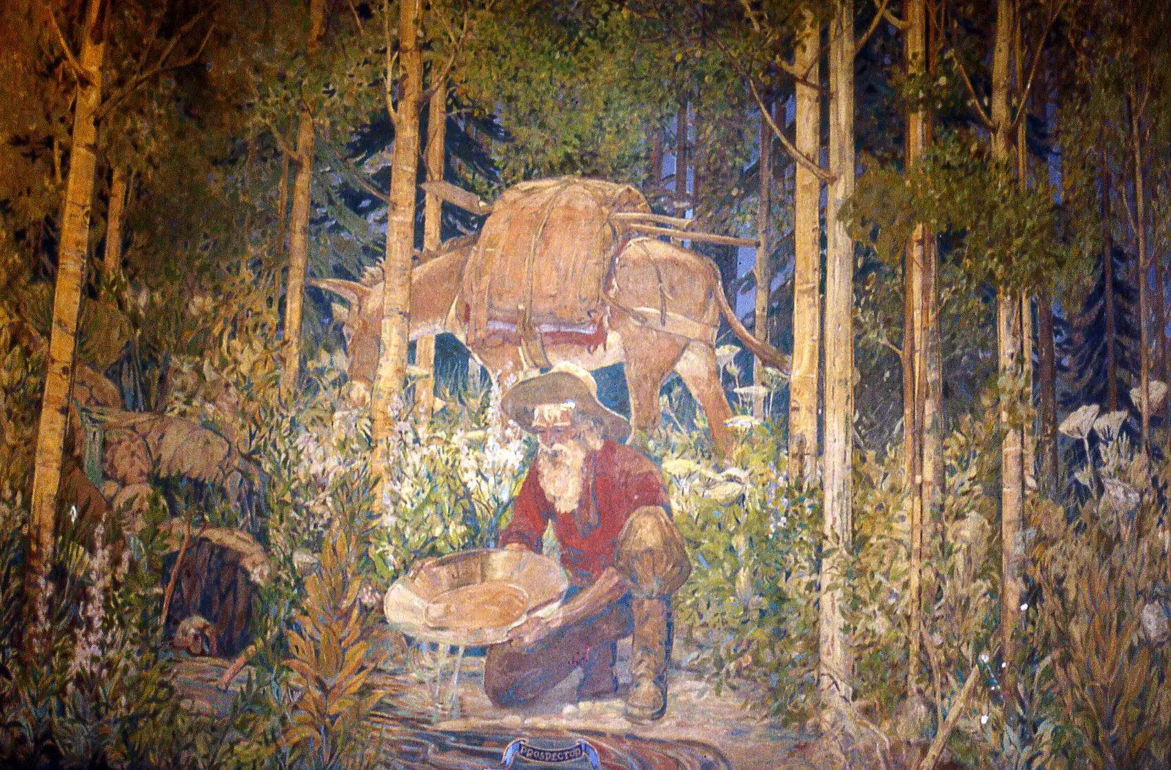 Painting of a bearded man crouching down and panning for gold in a thick forest. A horse is behind him with a large pack on its back.