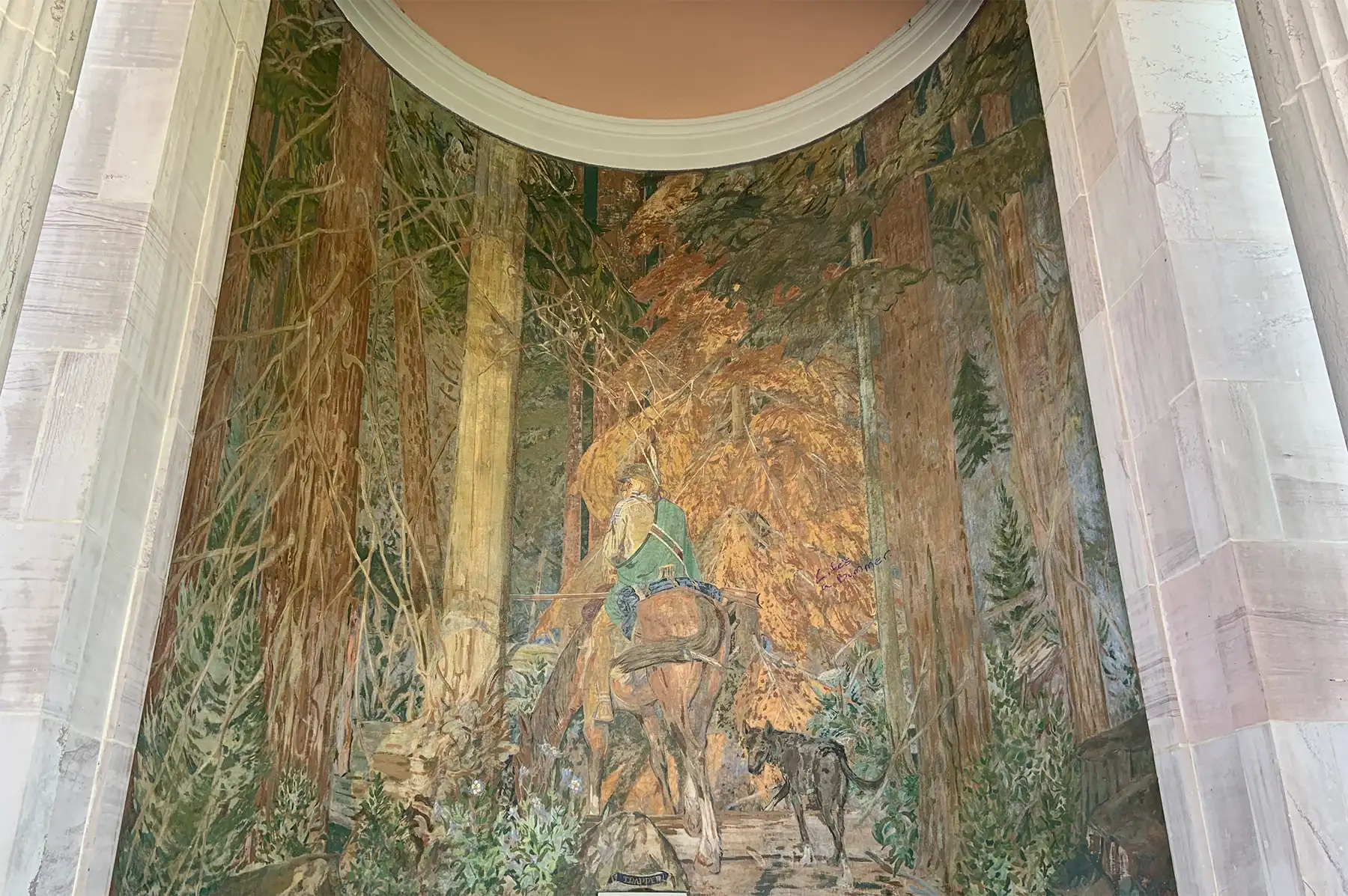 Painting in greens, browns, and gold features a man riding a horse away from us, while turning to look back at the viewer.