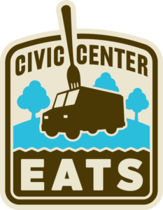 Civic Center EATS logo shows a food truck with a large fork, surrounded by trees