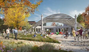 The Greek theater during a sunny day in fall with trees with changing leaves
